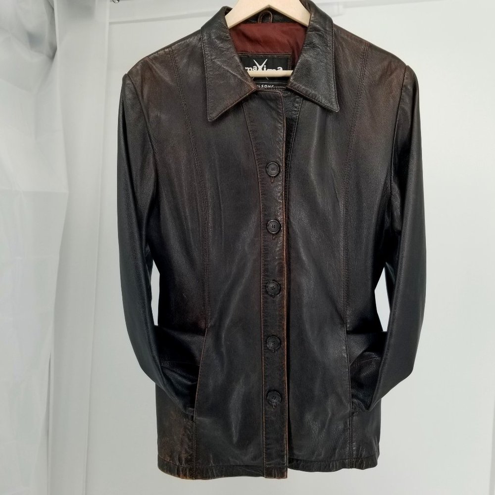 Wilsons Dark Brown 100% Genuine Leather Button Front Jacket, L